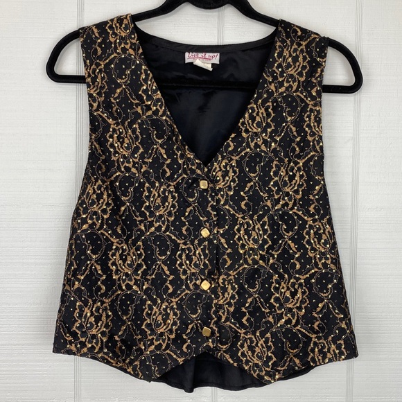 Vintage Live It Up Buttoned Vest Black Gold Lace Glitter Size S - Picture 1 of 5